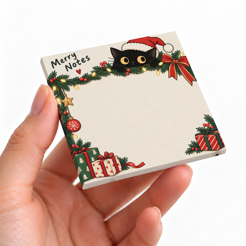 A hand holds a square sticky note pad featuring a black cat in a Santa hat, Christmas greenery, gifts, and Merry Notes.