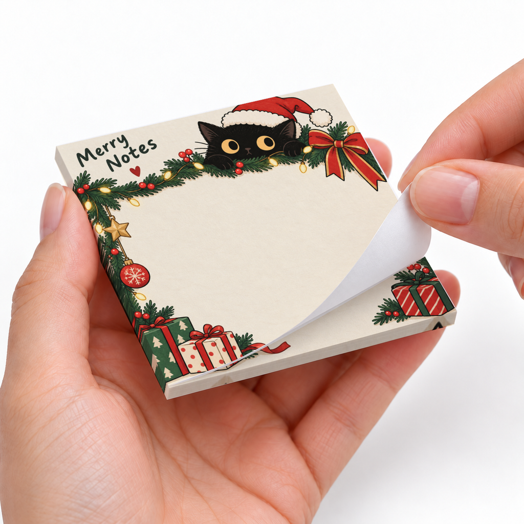 Hands peel a sheet from a Merry Notes sticky note pad with a Santa-hat black cat and festive gift border.