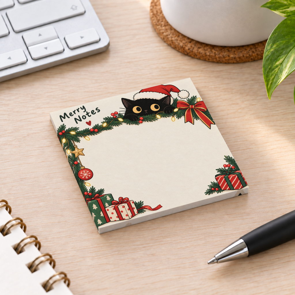 Merry Notes black cat sticky note pad with a Santa hat, festive garland, and gifts on a desk beside a keyboard and pen.