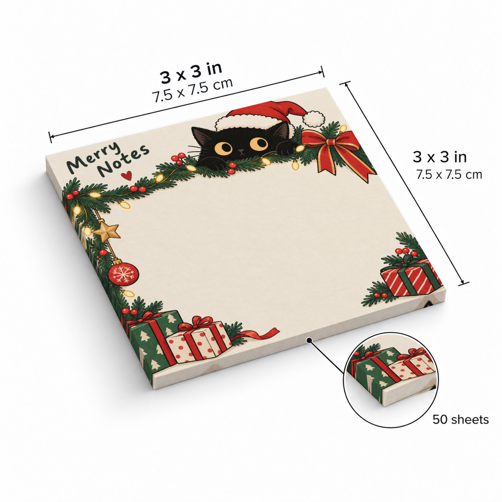 Santa hat black cat sticky note pad shown with 3 x 3 inch dimensions and 50-sheet thickness.