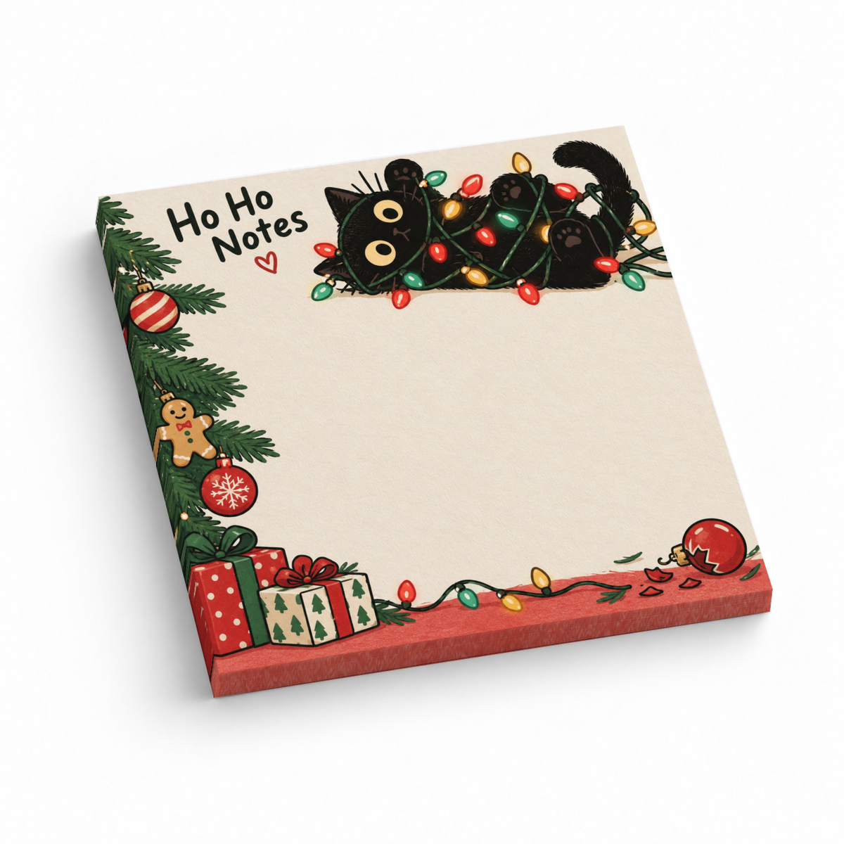 50-sheet 3 x 3 inch black cat sticky note pad with “Ho Ho Notes,” tangled lights, ornaments, and gifts.