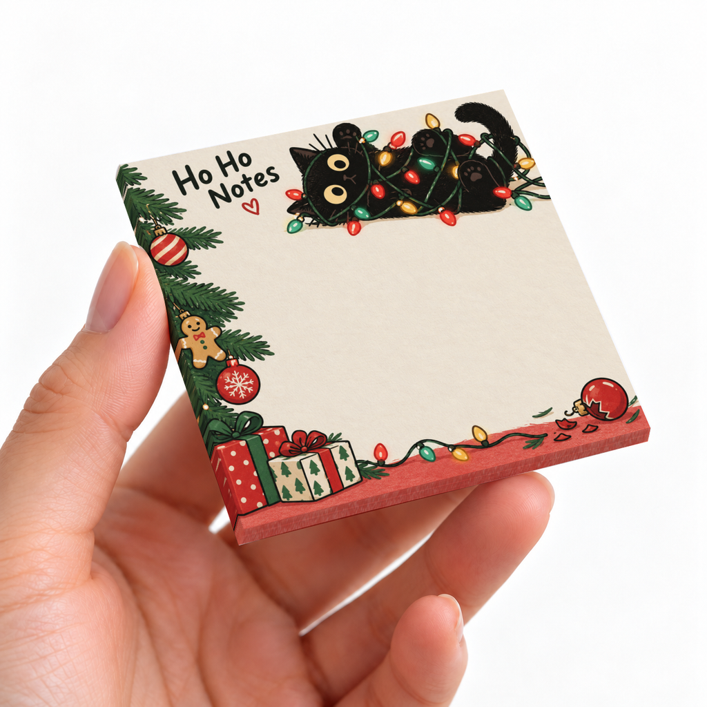 Hand holding a Ho Ho Notes sticky note pad with a black cat tangled in lights, ornaments, gifts, and evergreen branches.