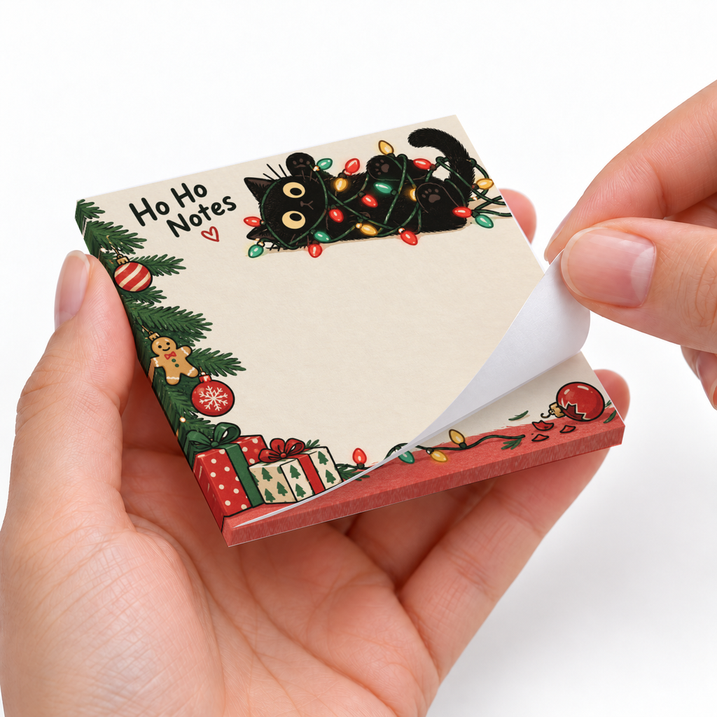 Hands peel a sheet from Tangled Black Cat sticky notes with Christmas lights, ornaments, and gifts.