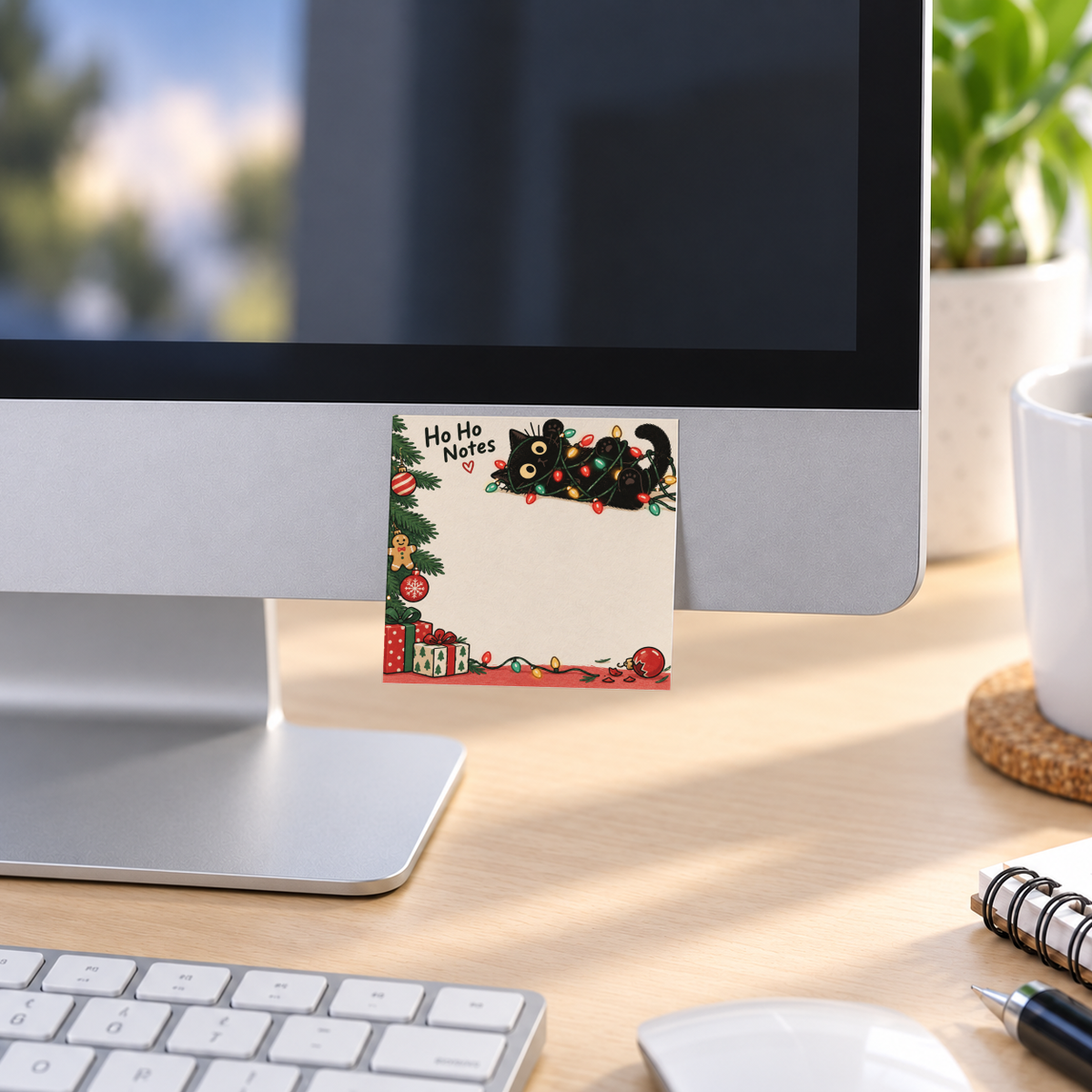 Tangled Black Cat sticky note on a desktop monitor, with festive lights, gifts, and Ho Ho Notes text.