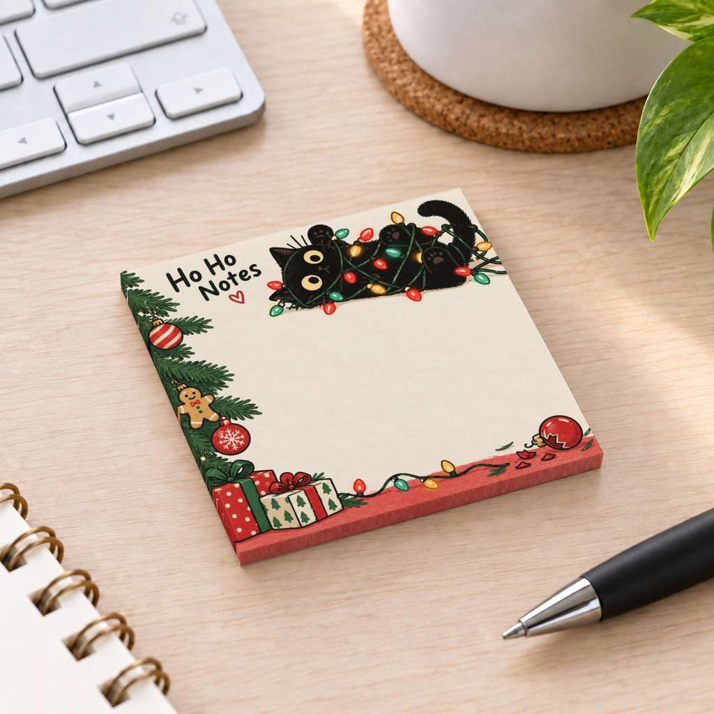 Tangled black cat sticky note pad with Christmas lights and festive borders on a desk beside a keyboard and pen.