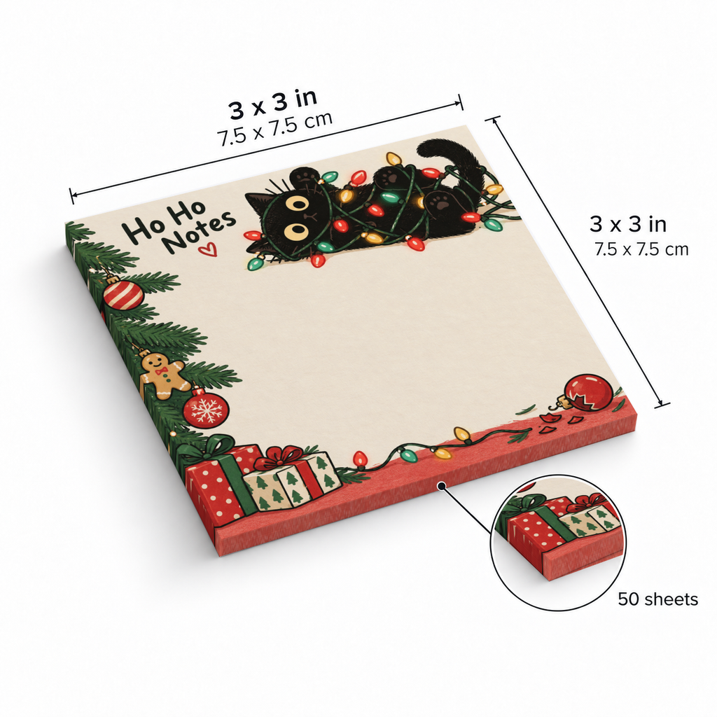 Tangled black cat sticky note pad with Christmas lights and gifts, labeled 3 x 3 inches and 50 sheets.