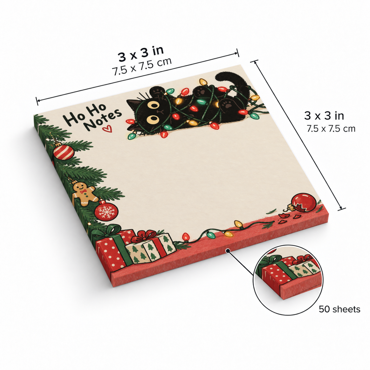 Tangled black cat sticky note pad with Christmas lights and gifts, labeled 3 x 3 inches and 50 sheets.