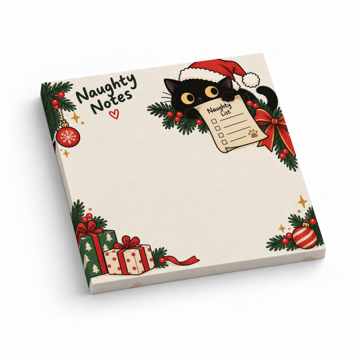 Santa Cat Naughty Notes sticky note pad with a black cat, gifts, ornaments, and a large blank writing area.