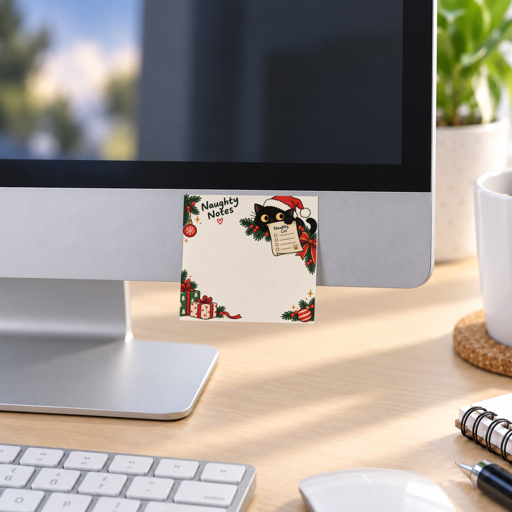 Santa Cat Naughty Notes 3 x 3 sticky note pad attached to a desktop monitor above a keyboard and mouse.