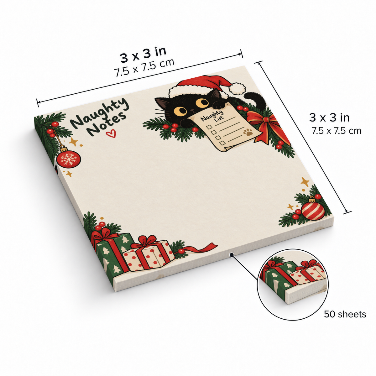 Santa Cat Naughty Notes sticky note pad with festive artwork, shown as 3 x 3 inches with 50 sheets.