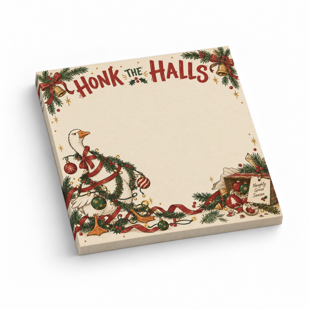 Christmas sticky note pad with “Honk the Halls” text and a goose wrapped in garland and ornaments.