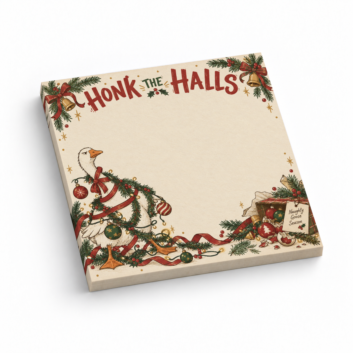 Christmas sticky note pad with “Honk the Halls” text and a goose wrapped in garland and ornaments.