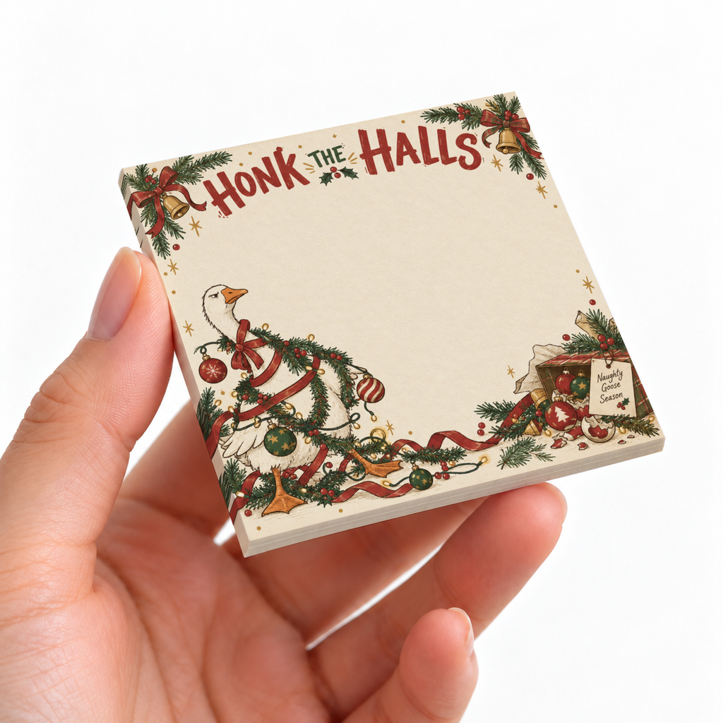 Hand holding a Christmas goose sticky note pad with garland, ornaments, and “Honk the Halls” lettering.