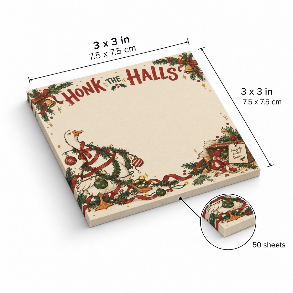 Honk the Halls Christmas goose sticky note pad with garland artwork, measuring 3 x 3 inches with 50 sheets.