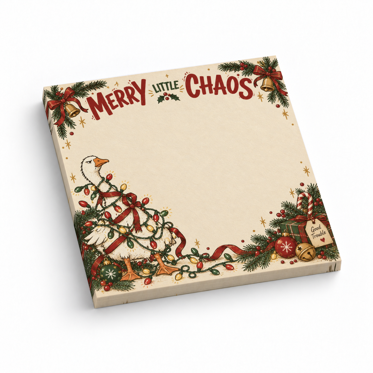 Christmas sticky note pad with a goose tangled in colorful lights and “Merry Little Chaos” lettering.