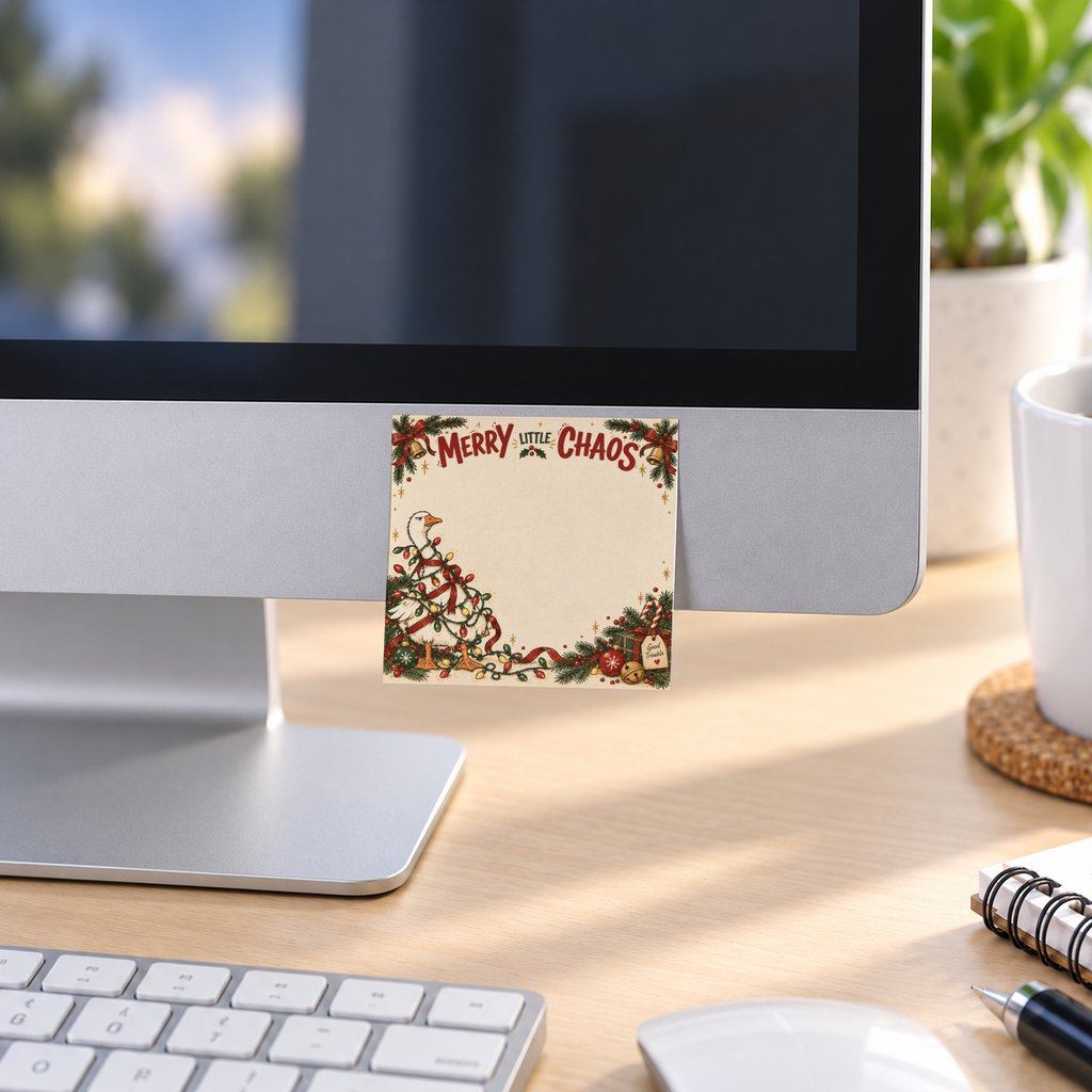 Christmas goose sticky note reading “Merry Little Chaos” attached to a desktop monitor above a keyboard and mouse.