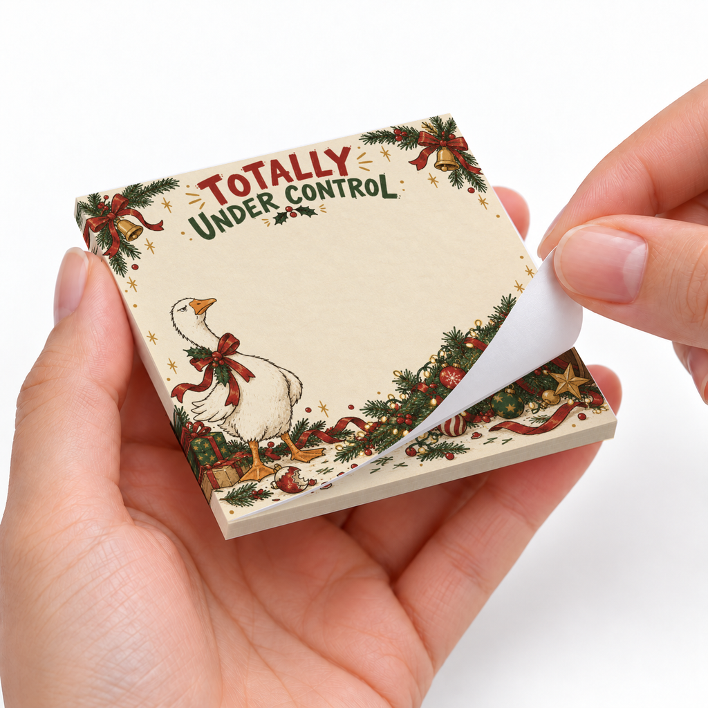 Hands peel a sheet from a goose Christmas sticky note pad with a fallen tree and “Totally Under Control” text.