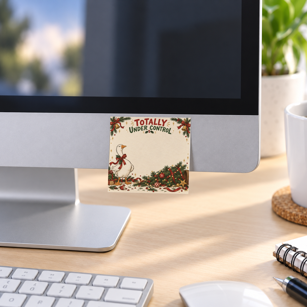 Goose and fallen Christmas tree sticky note reading “Totally Under Control” attached to a desktop monitor.
