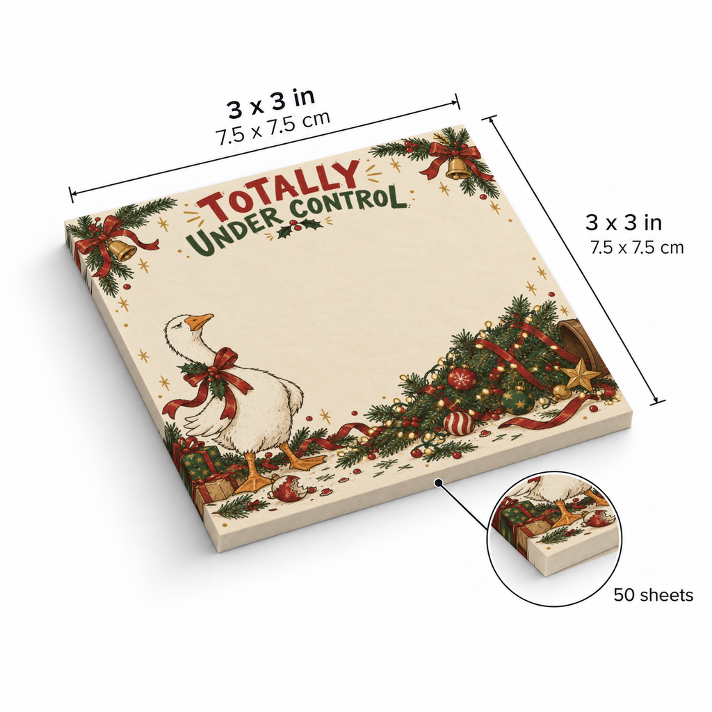 Goose and fallen Christmas tree sticky note pad, shown as 3 x 3 inches with 50 sheets.