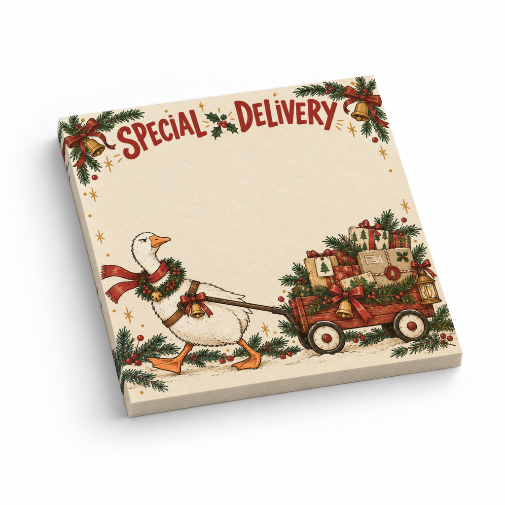Christmas sticky note pad featuring a scarfed goose pulling a gift-filled wagon beneath “Special Delivery.”