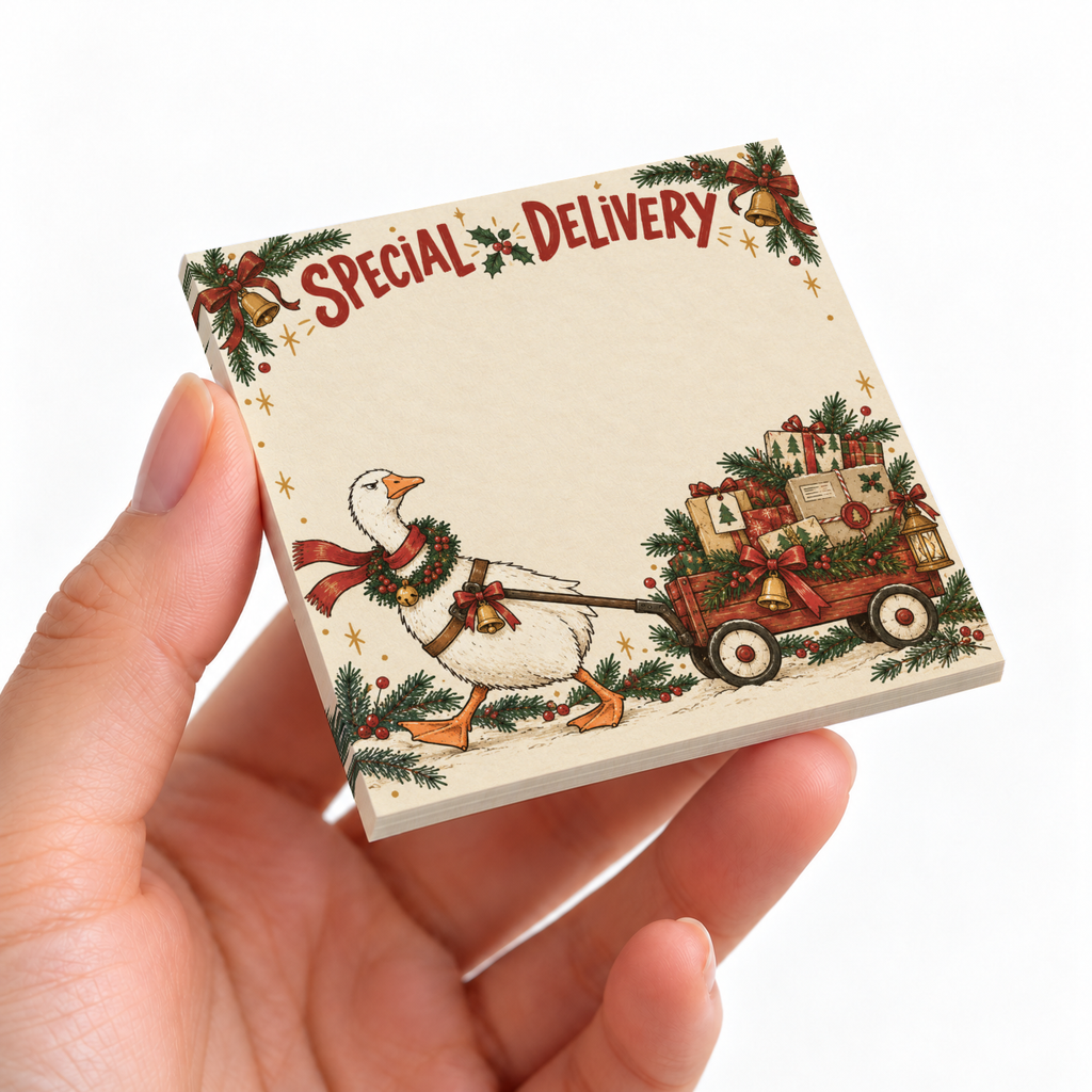 Hand holding a Christmas Goose sticky note pad with Special Delivery text and a goose pulling a wagon of gifts.