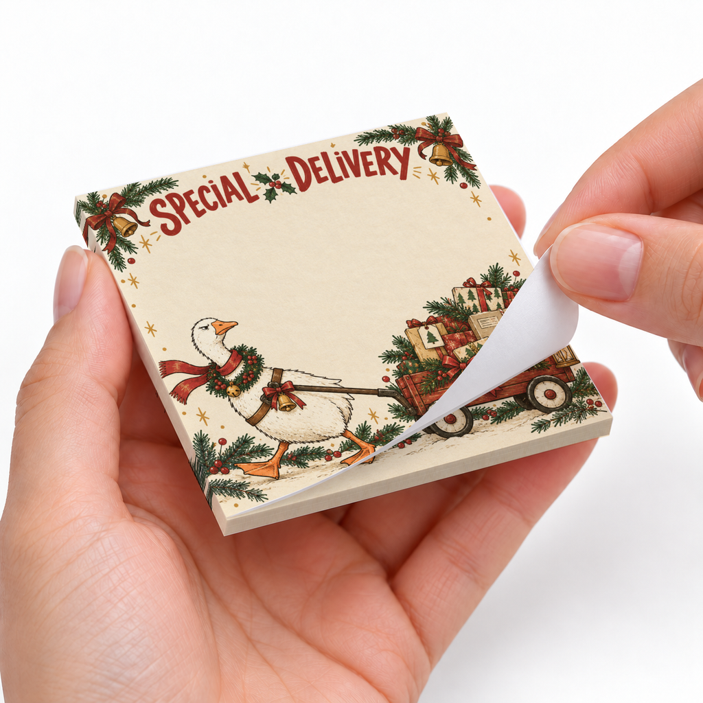 Hands peel a sheet from a Christmas Goose Special Delivery sticky note pad with a goose pulling a wagon of gifts.