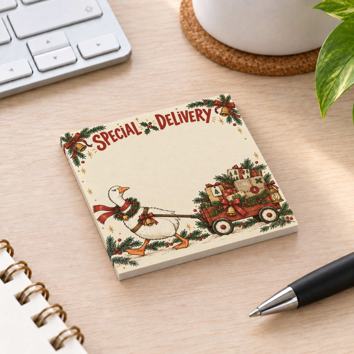 Christmas Goose Special Delivery sticky note pad with a goose and gift wagon on a desk beside a keyboard and pen.