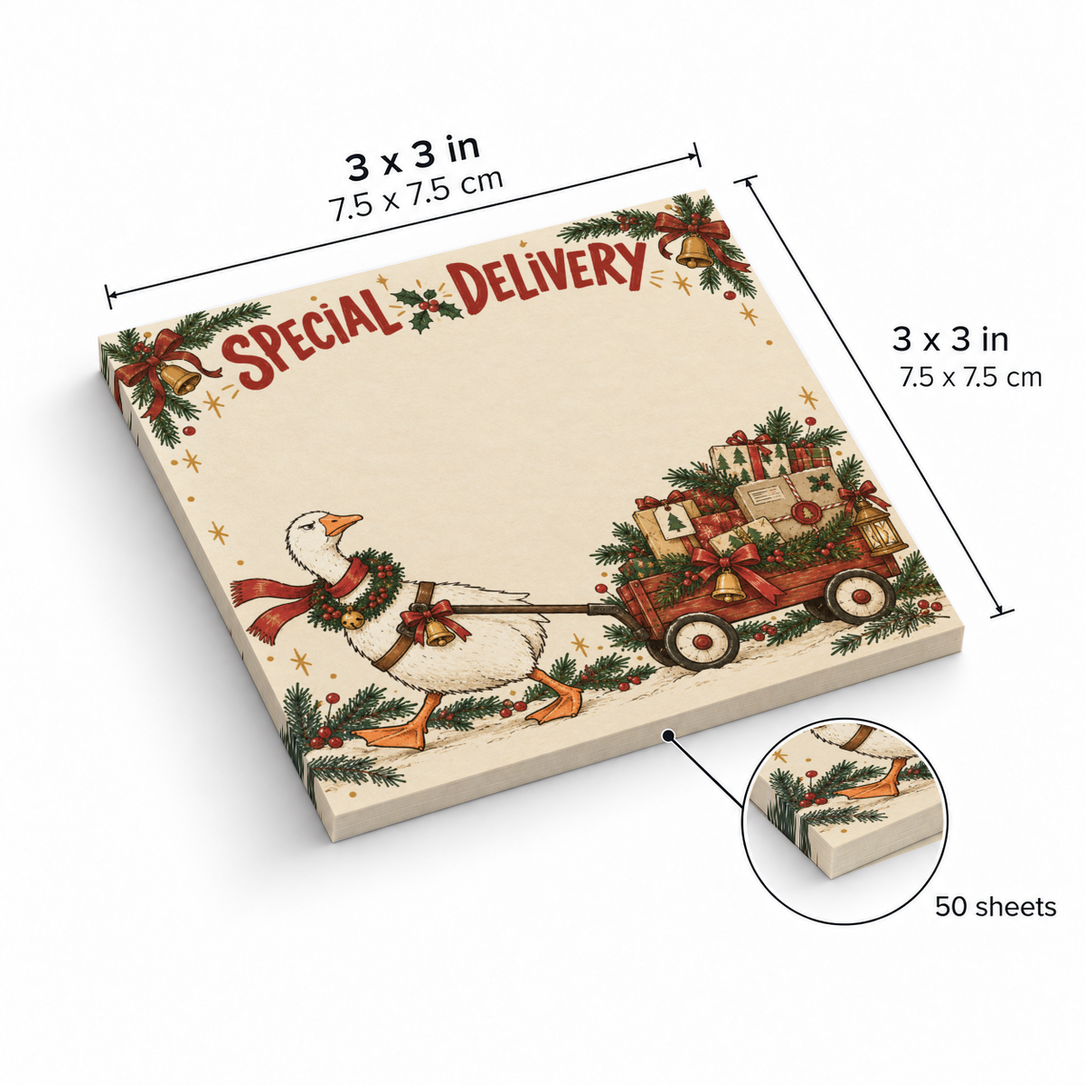 Christmas Goose Special Delivery sticky note pad, 3 x 3 inches, with 50 sheets and a goose pulling a gift wagon.
