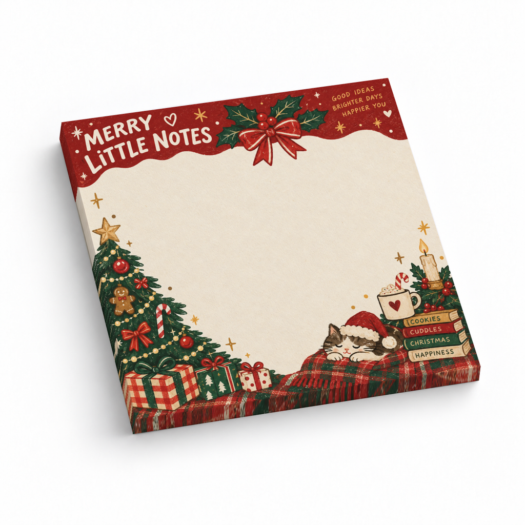 Sleeping Santa cat sticky note pad with a Christmas tree, gifts, holly, and a cream writing area.