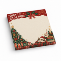 Sleeping Santa cat sticky note pad with a Christmas tree, gifts, holly, and a cream writing area.