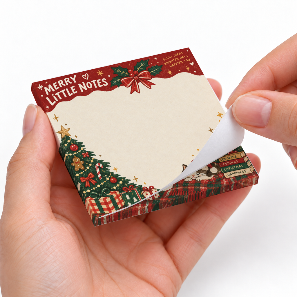 Hands peel a sheet from the Merry Little Notes sticky note pad, decorated with a Christmas tree, gifts, and a cat.