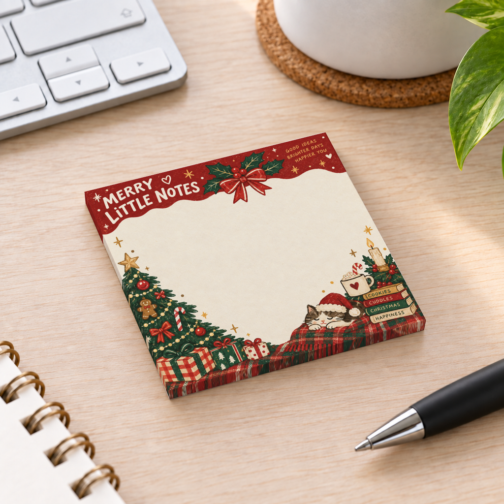 Sleeping Santa Cat sticky note pad with a festive tree and gifts on a desk beside a keyboard and pen.