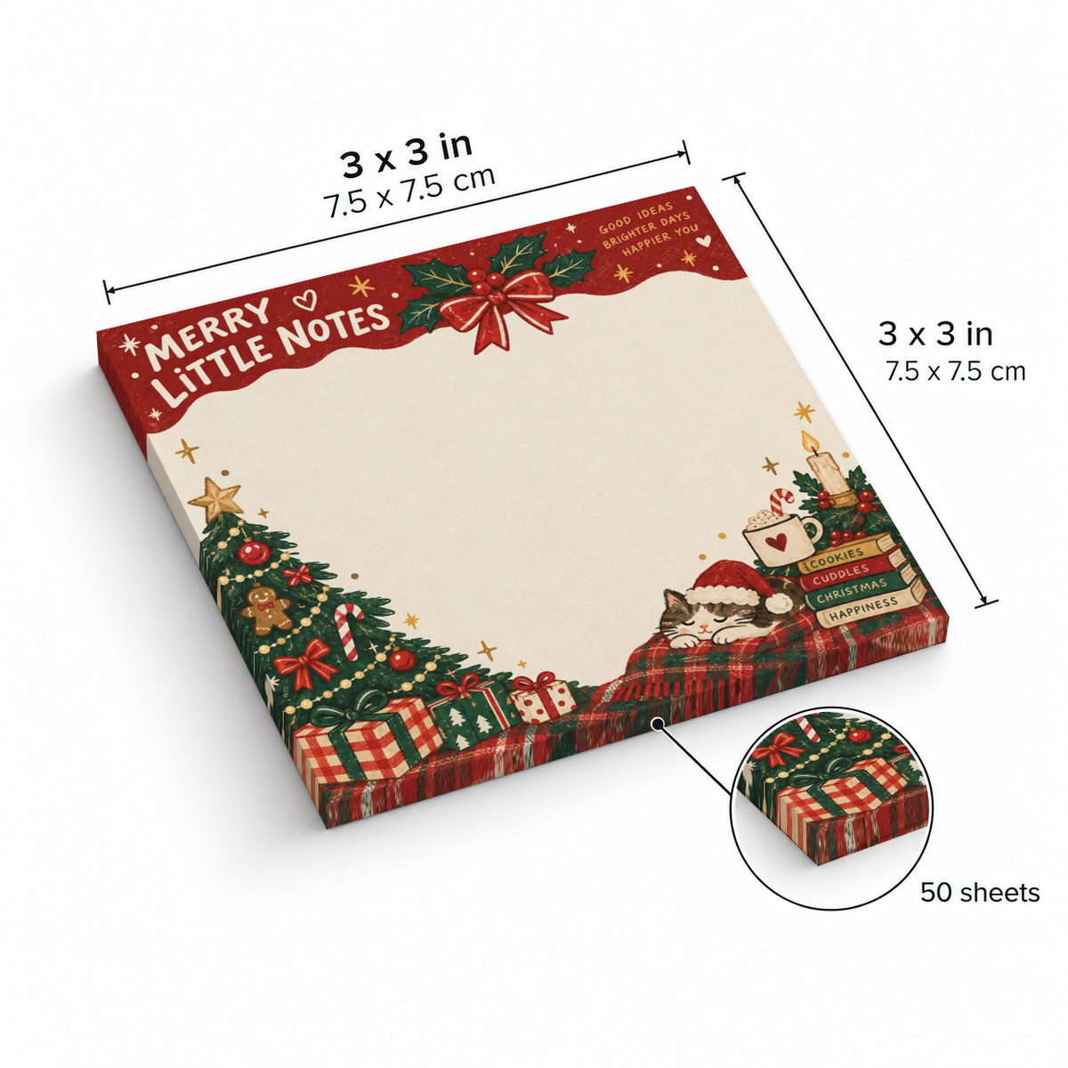 Sleeping Santa Cat sticky note pad with festive border, shown as 3 x 3 inches with 50 sheets.