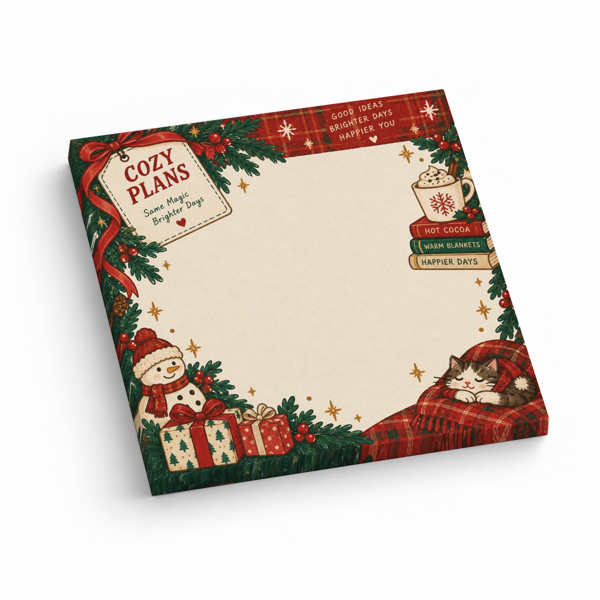 Cozy Christmas Cat and Cocoa sticky note pad with a cream writing area, snowman, gifts, and evergreen border.