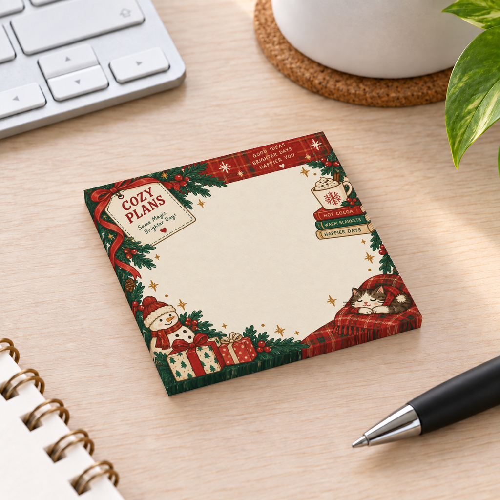 Cozy Christmas cat and cocoa sticky note pad on a wooden desk with a keyboard, mug, plant, notebook, and pen.