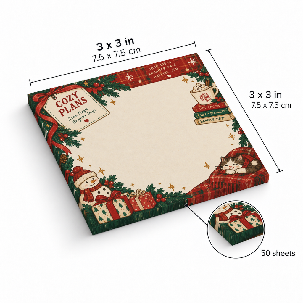 Cozy Christmas cat and cocoa sticky note pad shown as 3 x 3 inches (7.5 x 7.5 cm) with 50 sheets.