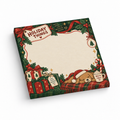 Holiday puppy and presents sticky note pad with a cream writing area, sleeping dog, wrapped gifts, holly, and candy cane.