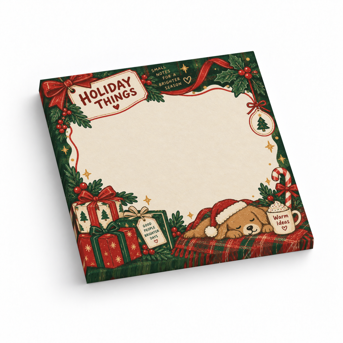 Holiday puppy and presents sticky note pad with a cream writing area, sleeping dog, wrapped gifts, holly, and candy cane.