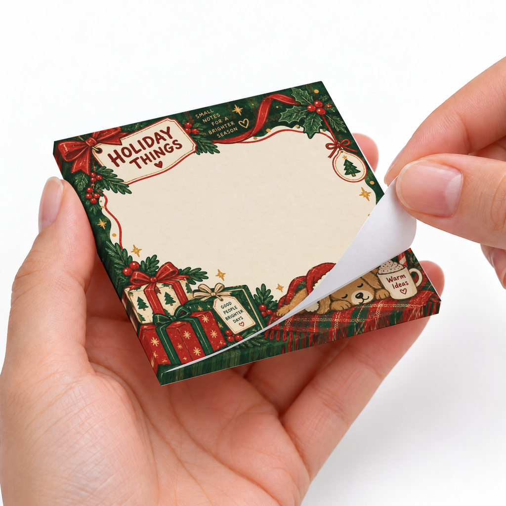 Hands peel a sheet from a Holiday Puppy and Presents sticky note pad decorated with gifts, greenery, and a cozy dog.