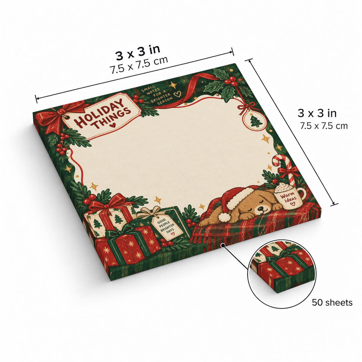 Holiday Puppy and Presents sticky note pad with a festive puppy-and-gifts border, sized 3 x 3 inches with 50 sheets.