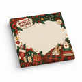 Winter Wishes sticky note pad with a cozy bunny, plaid blanket, gifts, evergreen sprigs, and a blank cream center.