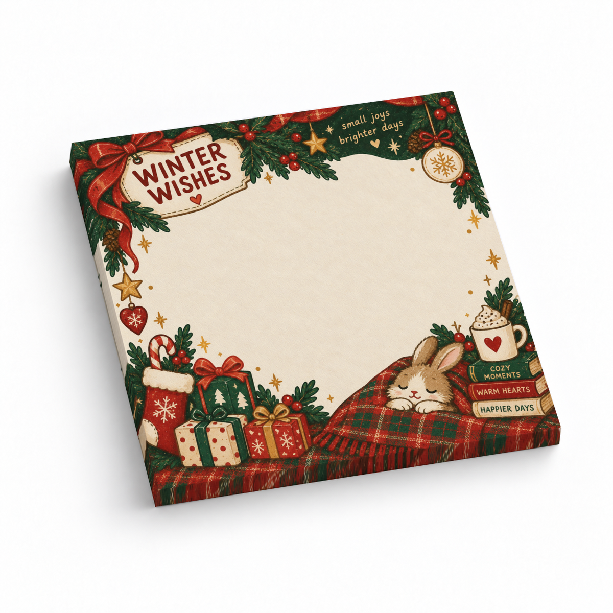 Winter Wishes sticky note pad with a cozy bunny, plaid blanket, gifts, evergreen sprigs, and a blank cream center.