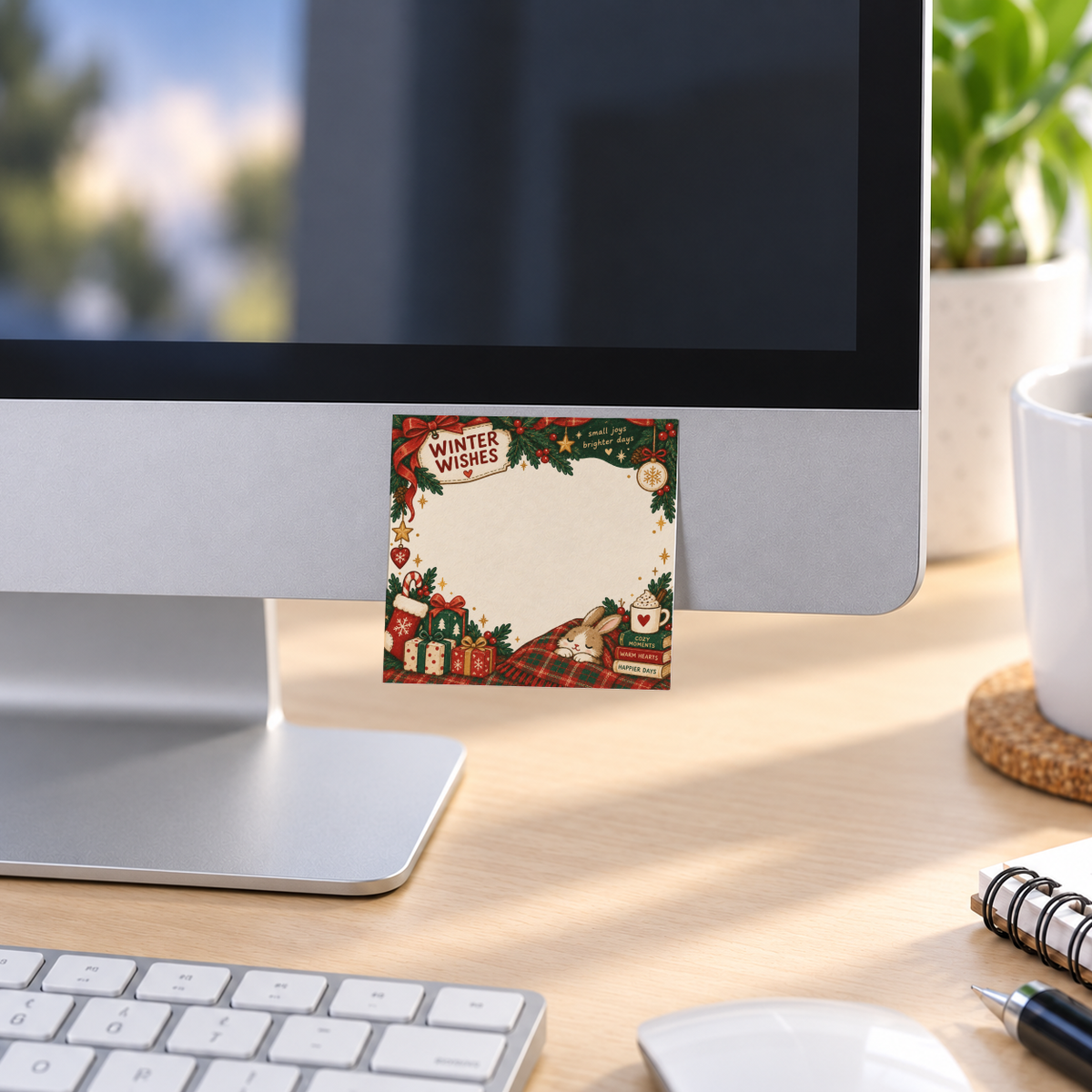 Winter Wishes bunny sticky note is attached to a desktop monitor, with festive gifts and greenery framing the note.