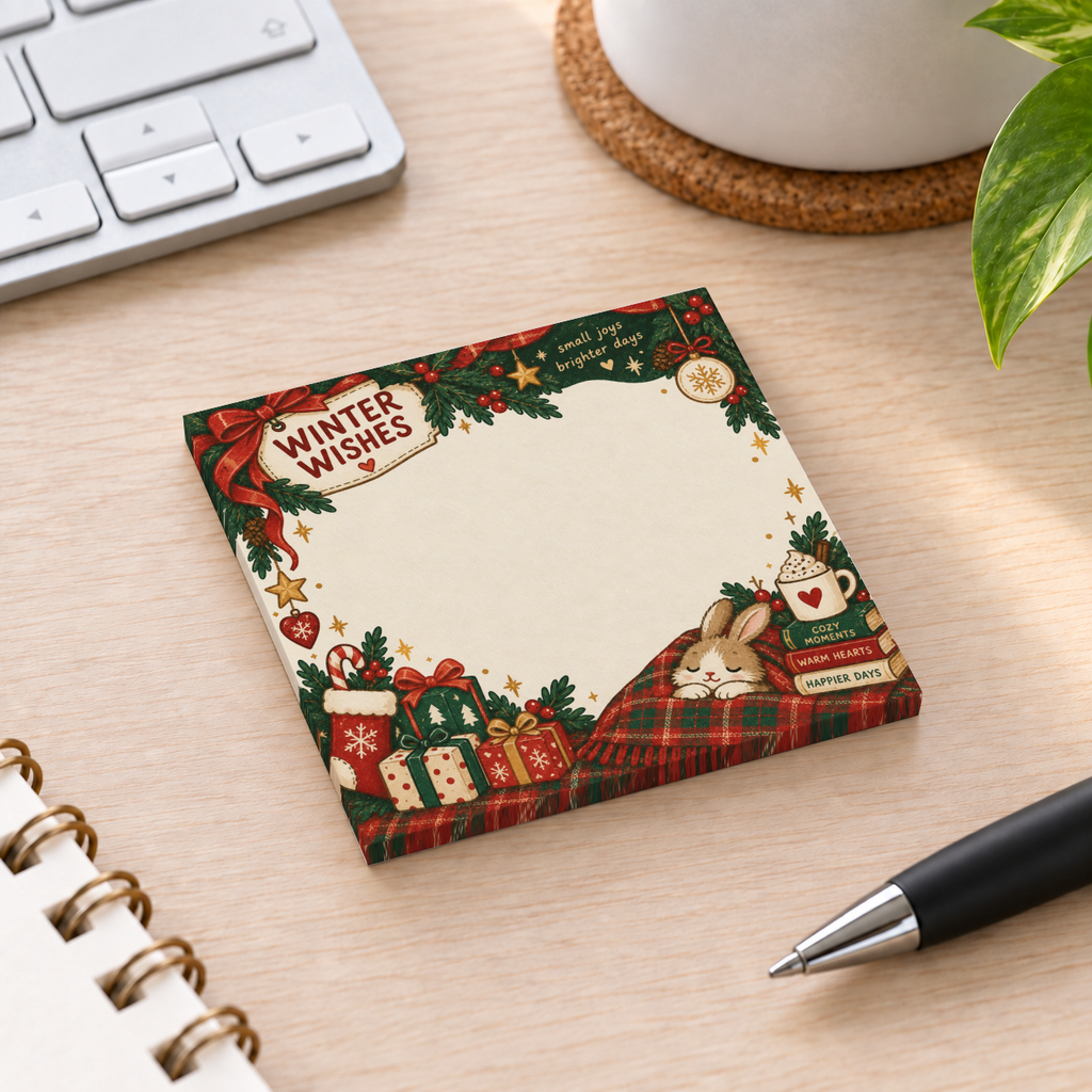 Winter Wishes sticky note pad with a cozy bunny, gifts and greenery on a desk beside a keyboard and pen.
