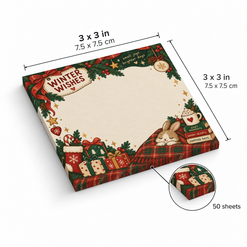 Cozy Winter Bunny sticky note pad with festive border, shown as 3 x 3 inches with 50 sheets.