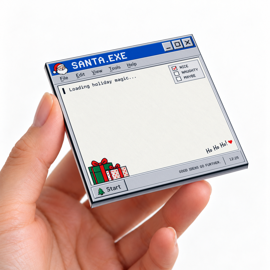 Hand holding a Santa.exe retro computer sticky note pad with a blank writing area, gift icons, and a Nice checklist.