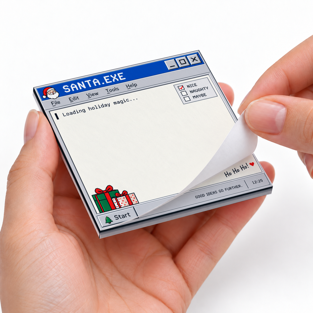 Hands peel a sheet from the Santa.exe retro computer sticky note pad with festive gifts and a naughty-or-nice checklist.