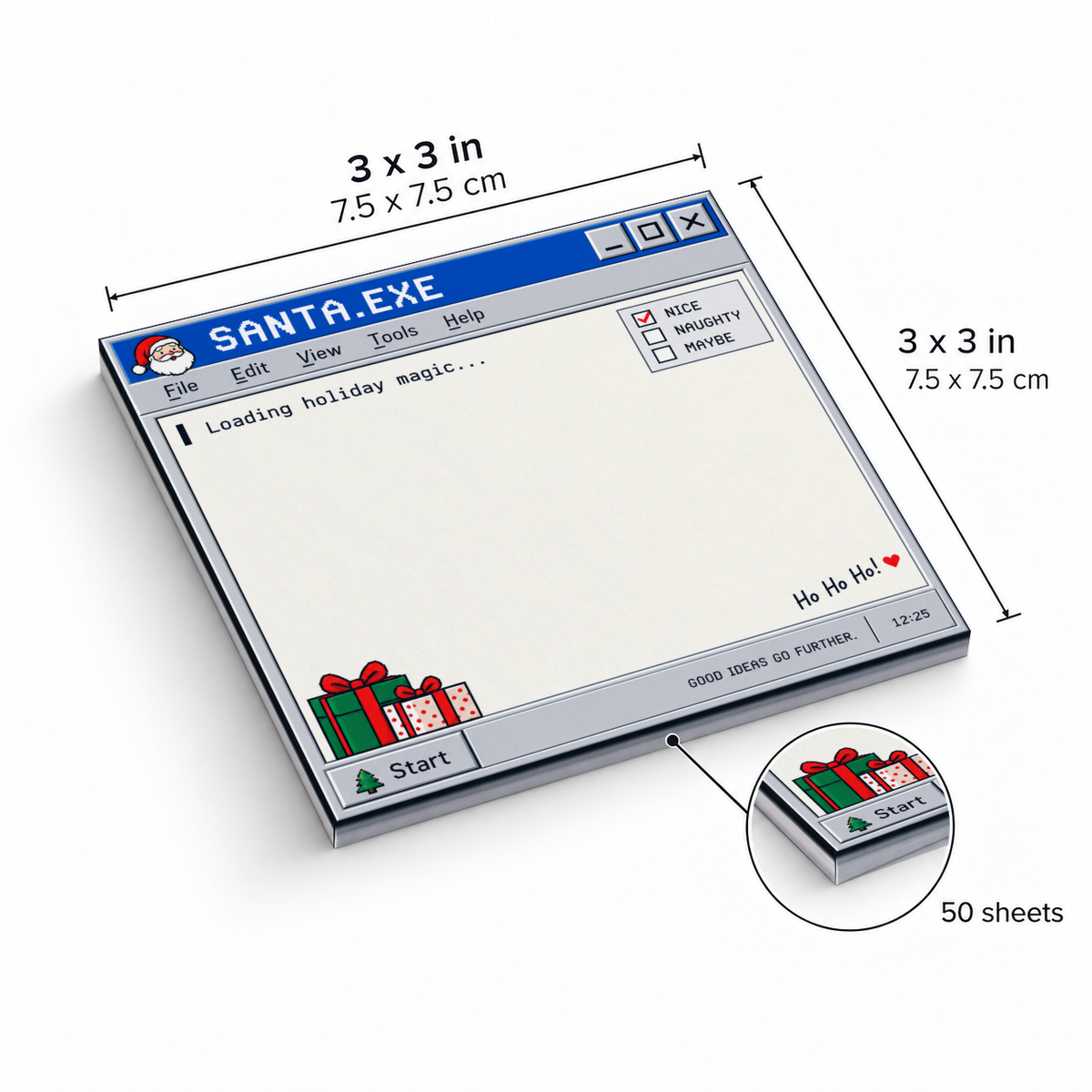 Santa.exe retro computer sticky note pad, shown as 3 x 3 inches with 50 sheets.