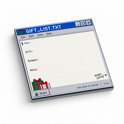 Retro computer gift list sticky note pad with For, Gift, Budget and Note fields and colorful presents.