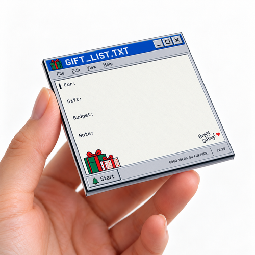 Hand holding a retro computer gift list sticky note pad with For, Gift, Budget, and Note fields.